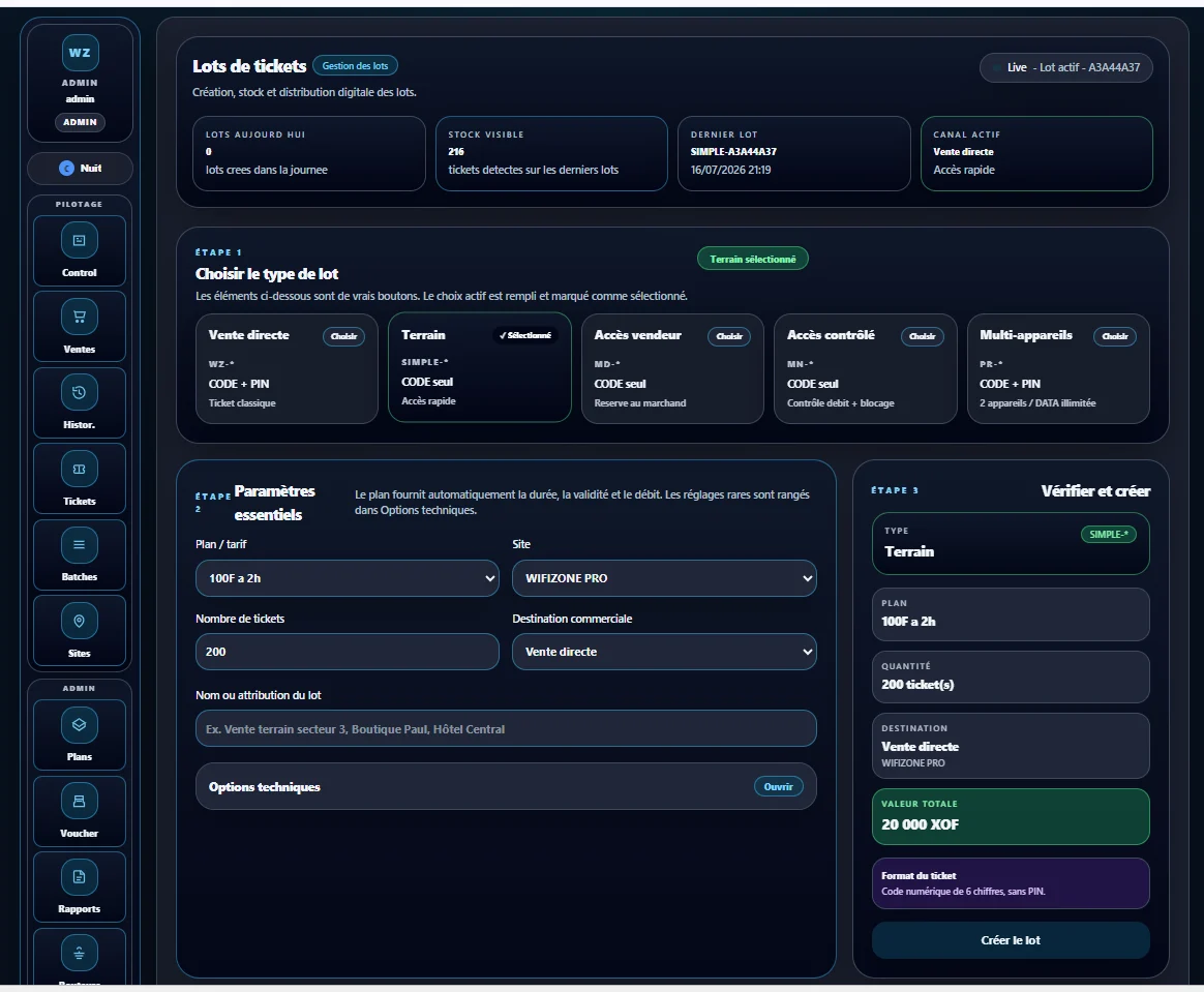 Écran réel de création de lots de tickets dans WifiZone Pro